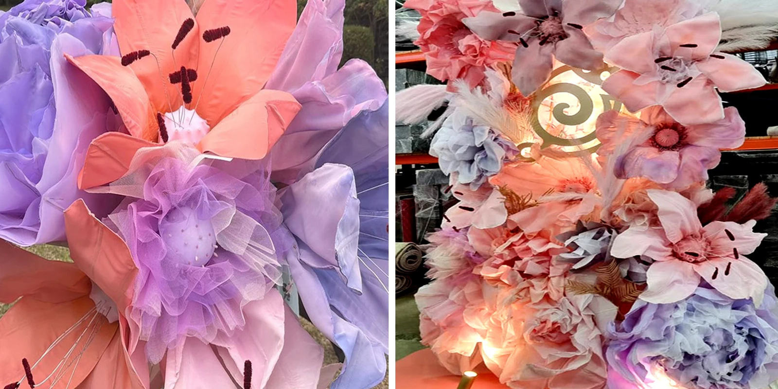 Paper flowers in pink and lilac, lit from behind