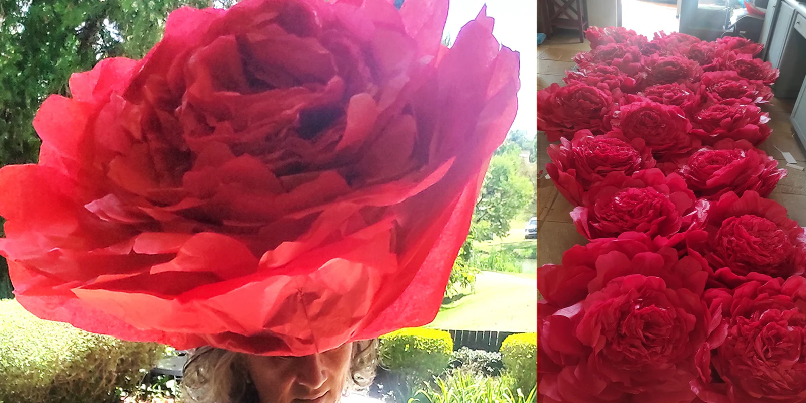 Twenty large red paper roses arranged for an event