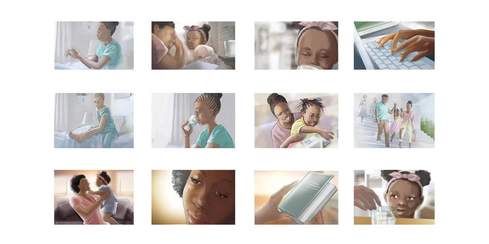A grid of illustrated frames for an animation storyboard