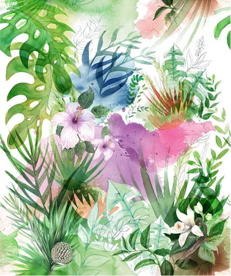 Watercolour jungle of monstera, palms, hibiscus and pandanus