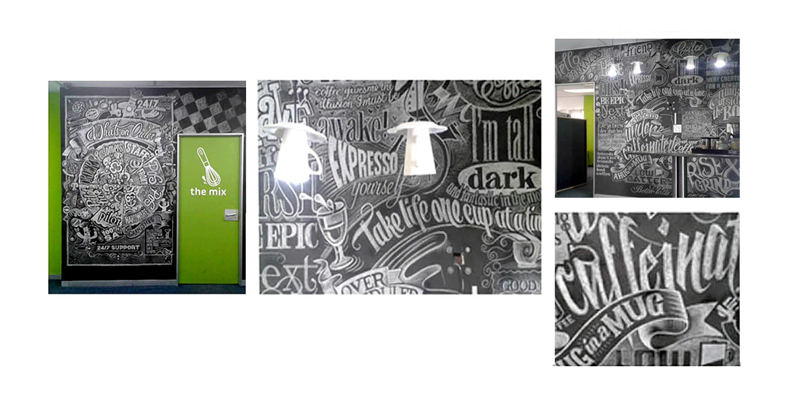 Chalk-style illustration and lettering on black boards