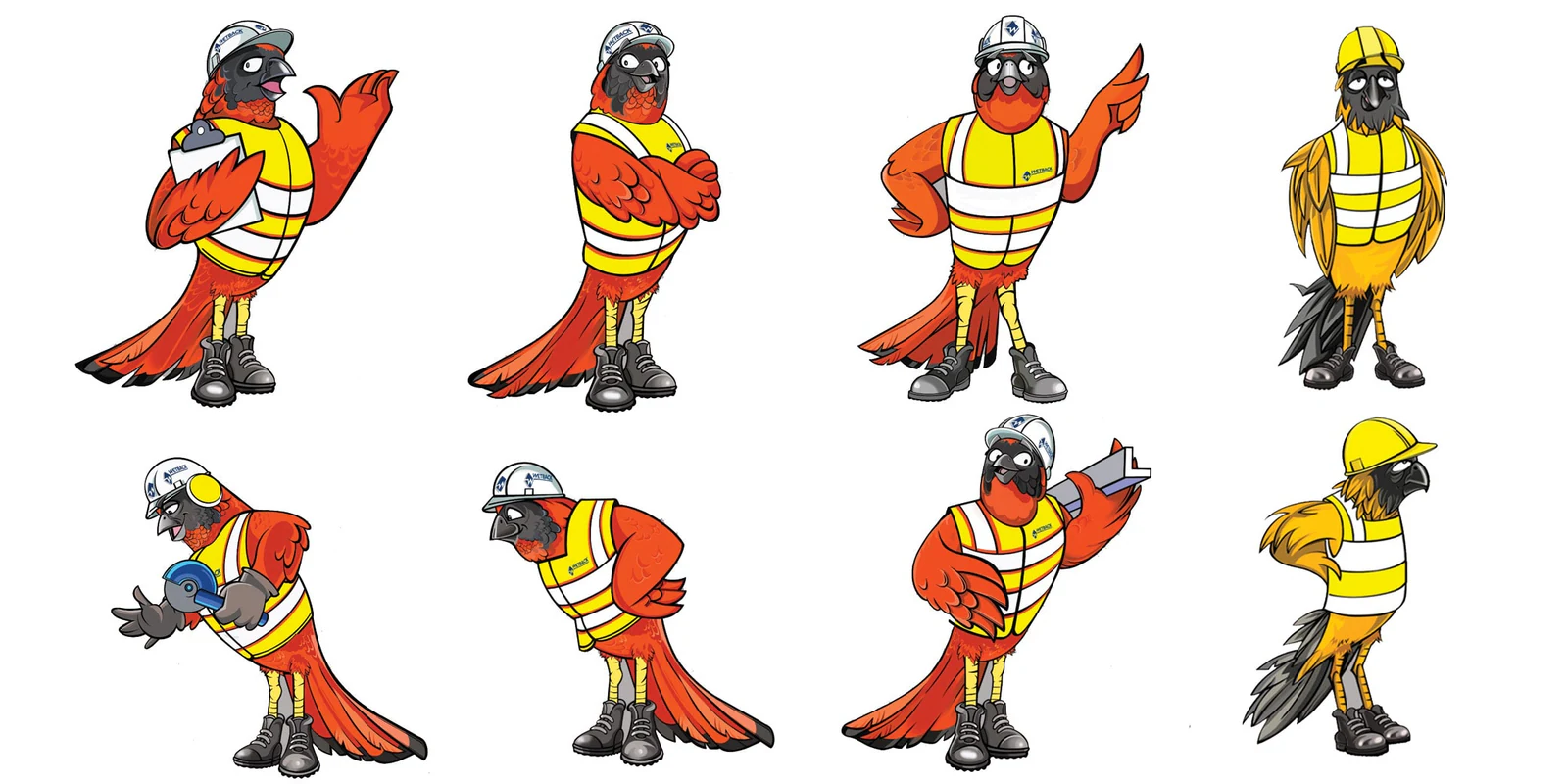 A sheet of illustrated parrot characters in different poses