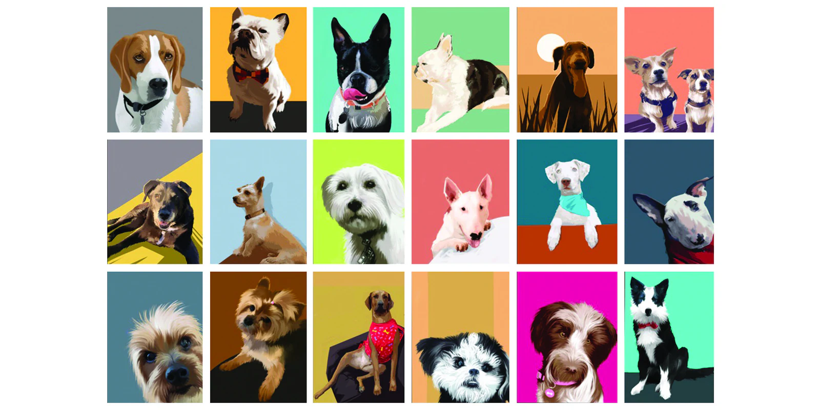 A grid of dog portraits on bright colour blocks