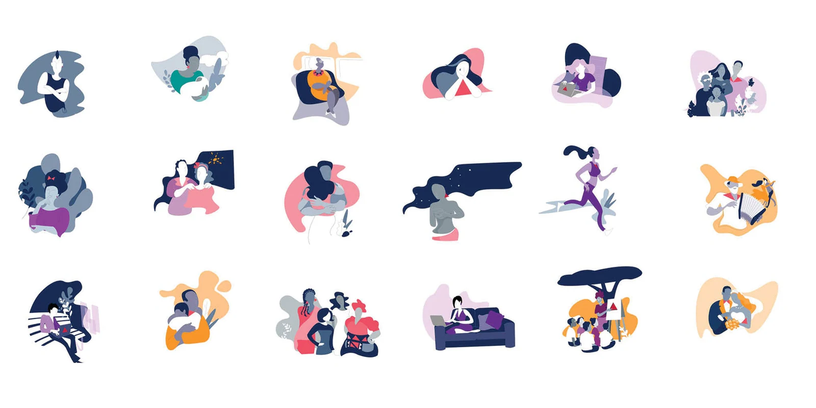 Small editorial illustrations of people at work and play