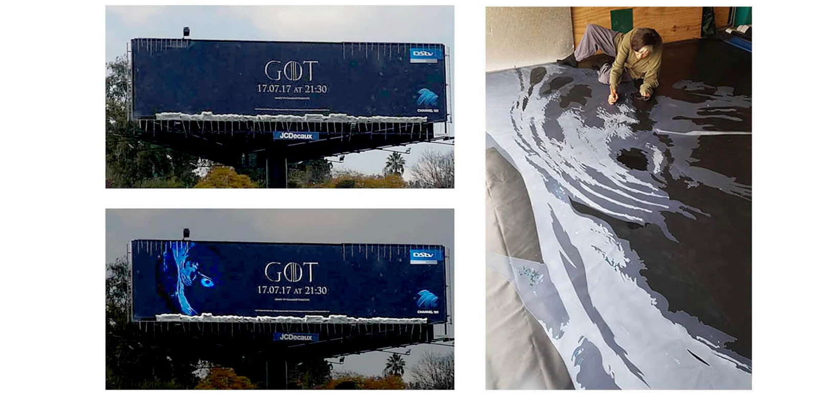 An illustrated Game of Thrones billboard by a roadside