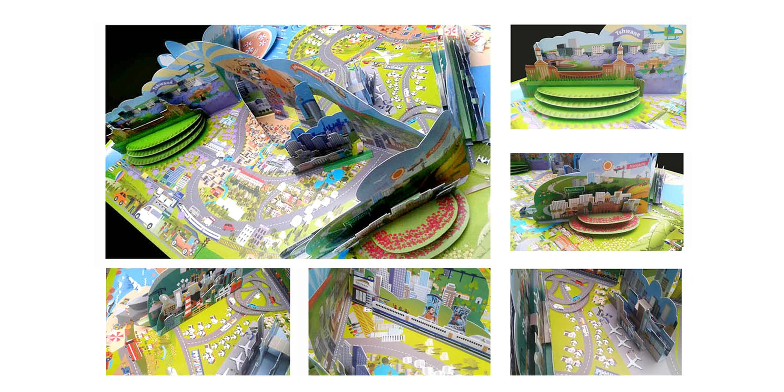 An illustrated pop-up piece shown open from several angles