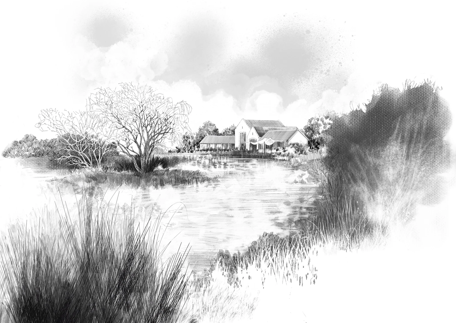 Pen and ink landscape: a willow over a lake, long grasses, and a farmhouse restaurant with umbrellas