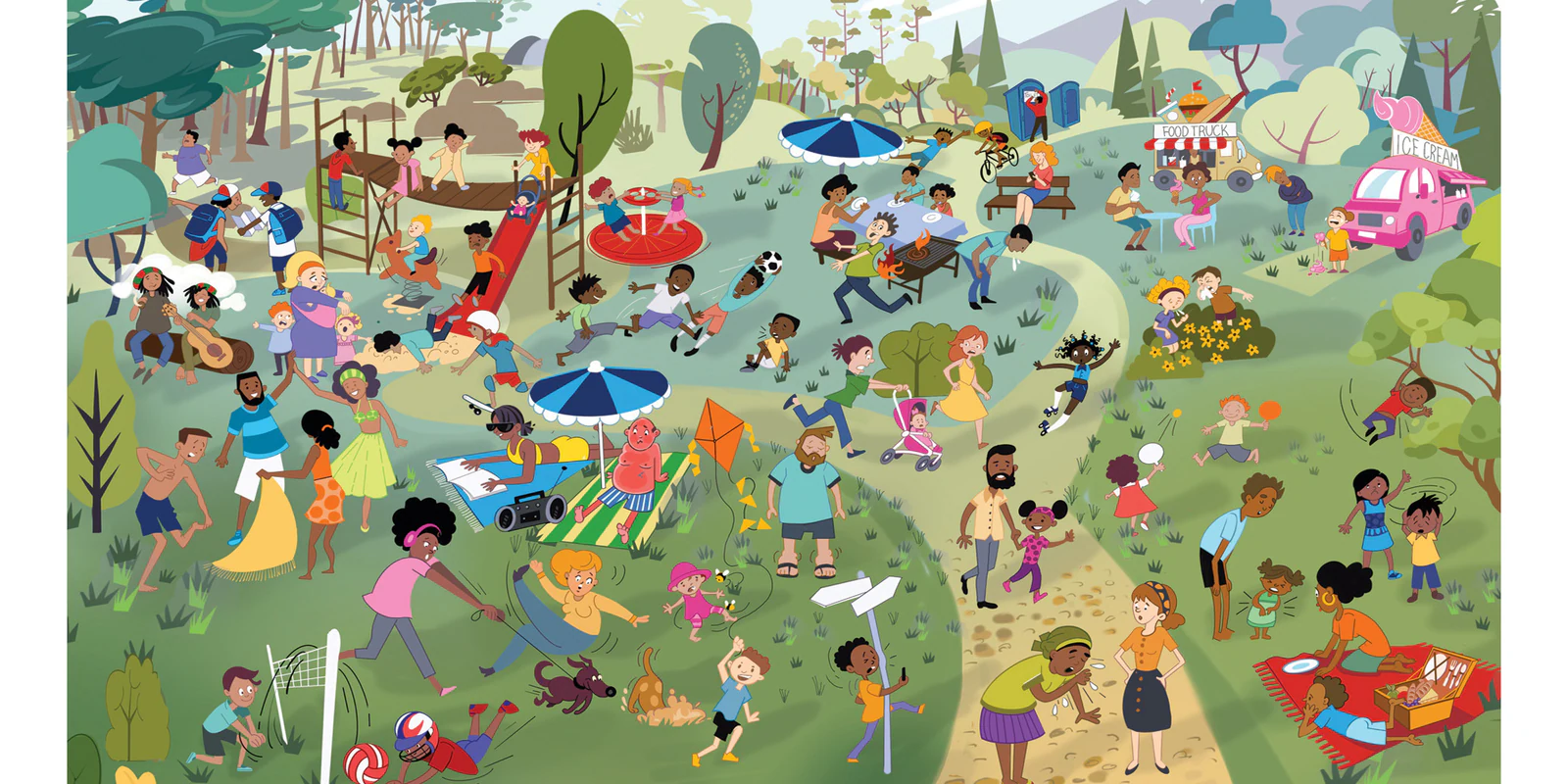 Busy editorial illustration of families and children playing in a park