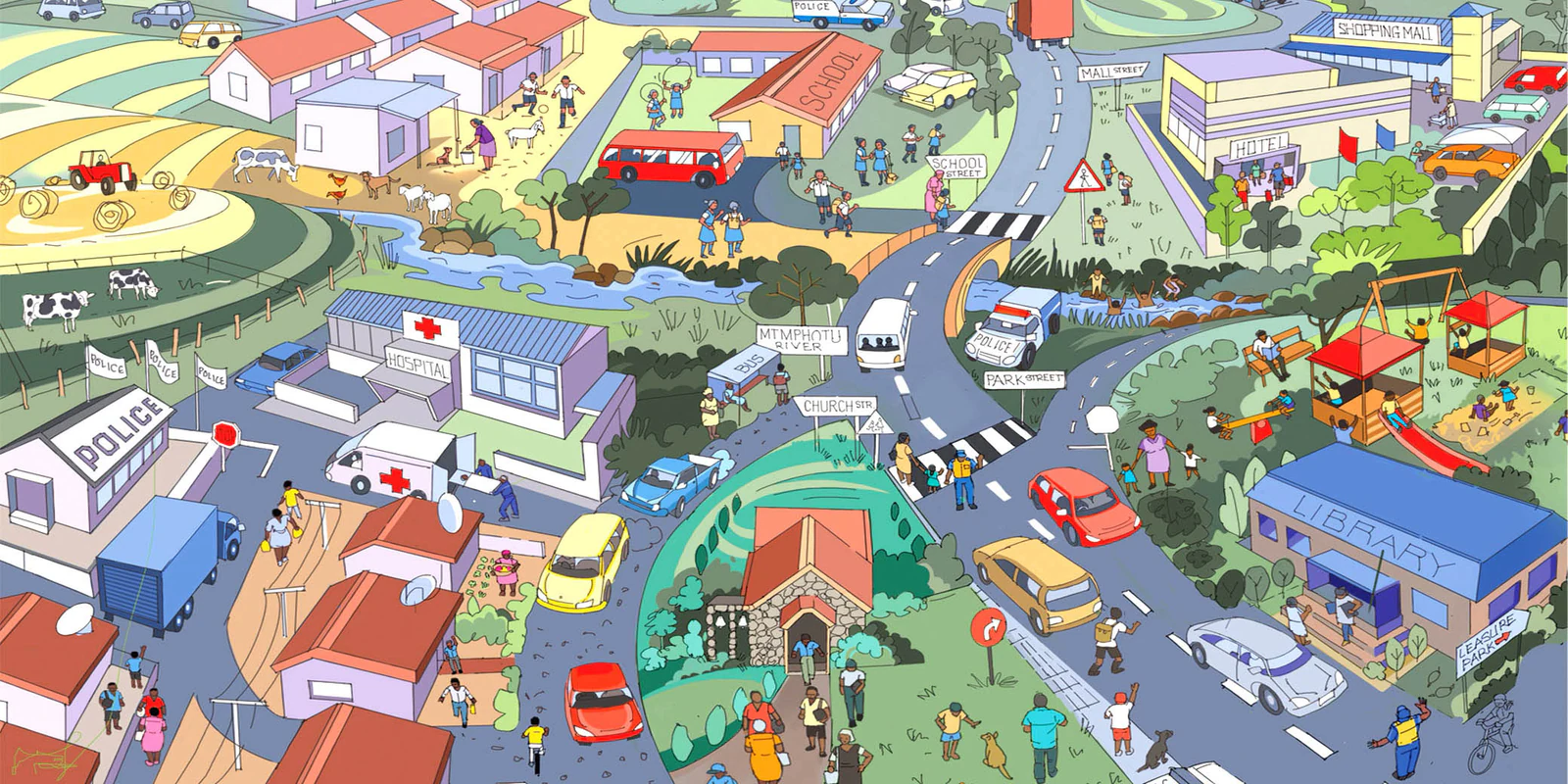 Illustrated pop-up town with roads, houses and vehicles