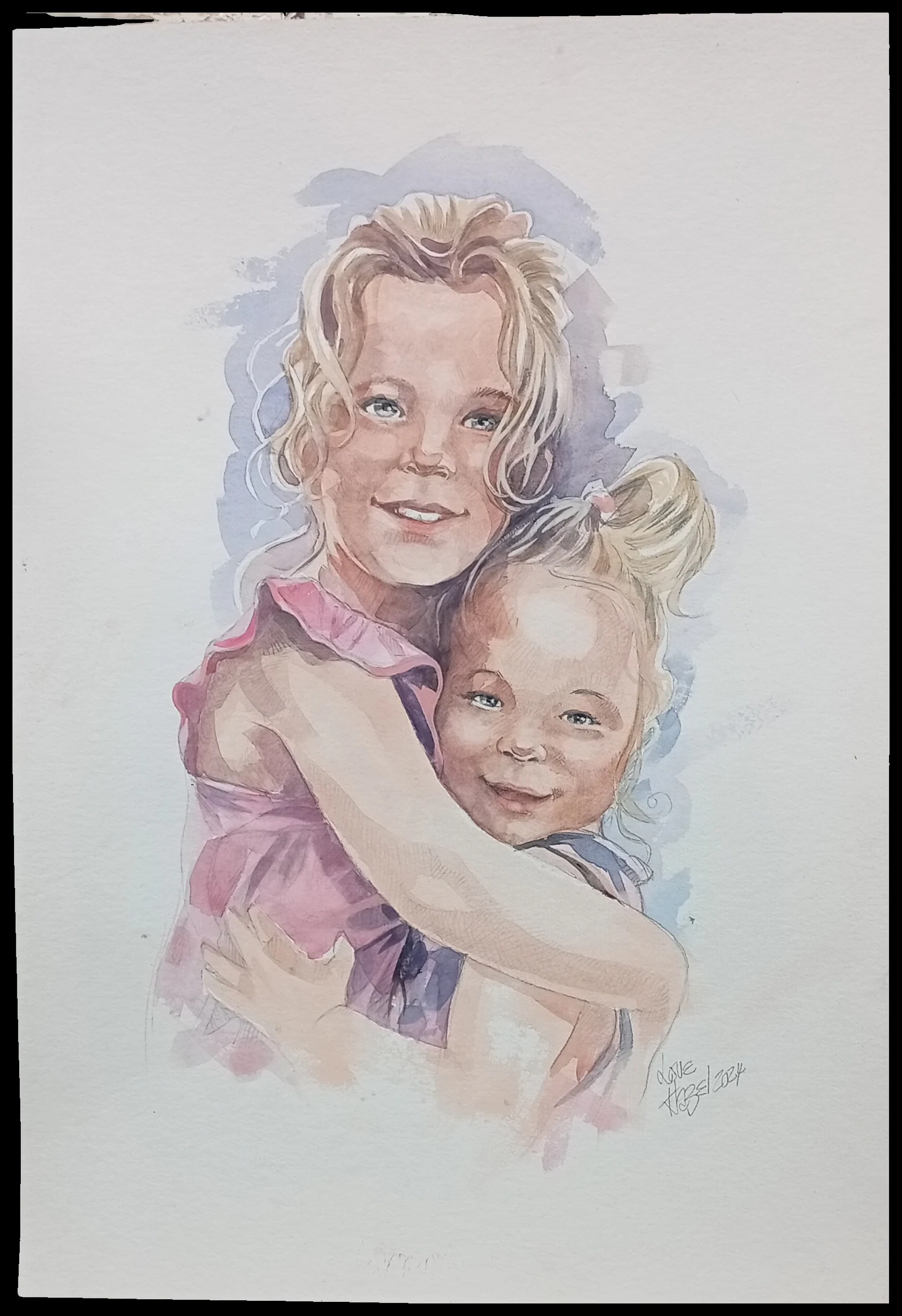 Pencil and watercolour portrait of two young girls hugging