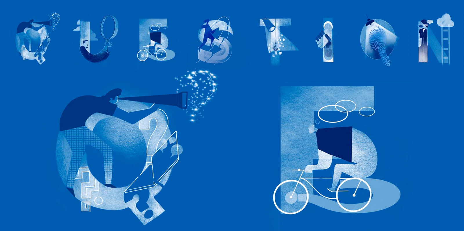 Blue lettering and illustration reading "Question"