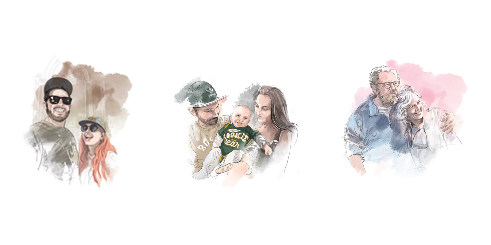 Three soft watercolour portraits on white
