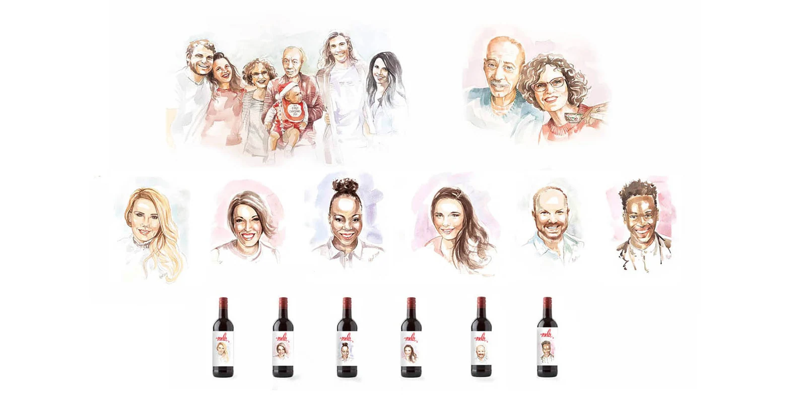 Illustrated portraits made for personalised wine labels, with the bottles