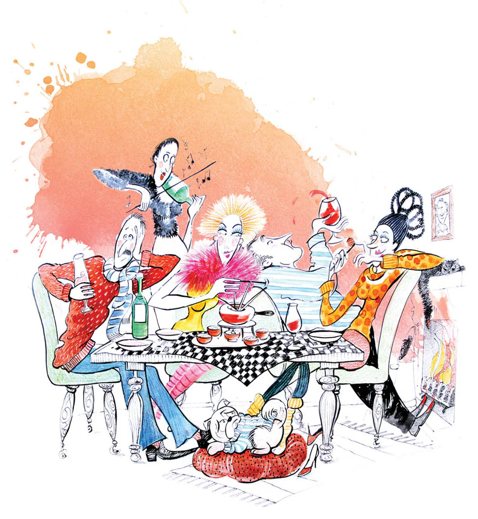Illustrated dinner party in pen and ink with orange and pink watercolour