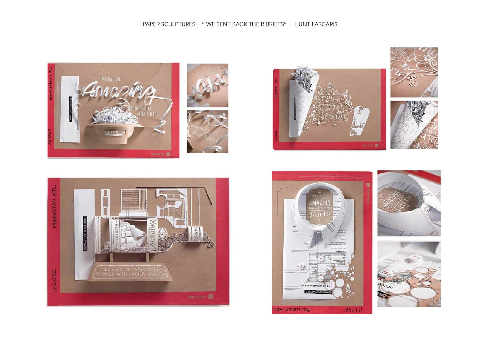 A collection of paper pieces made as creative briefs