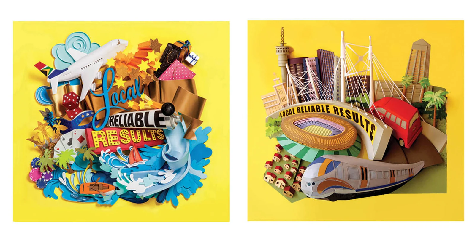 Bright pop-up paper cityscapes on yellow