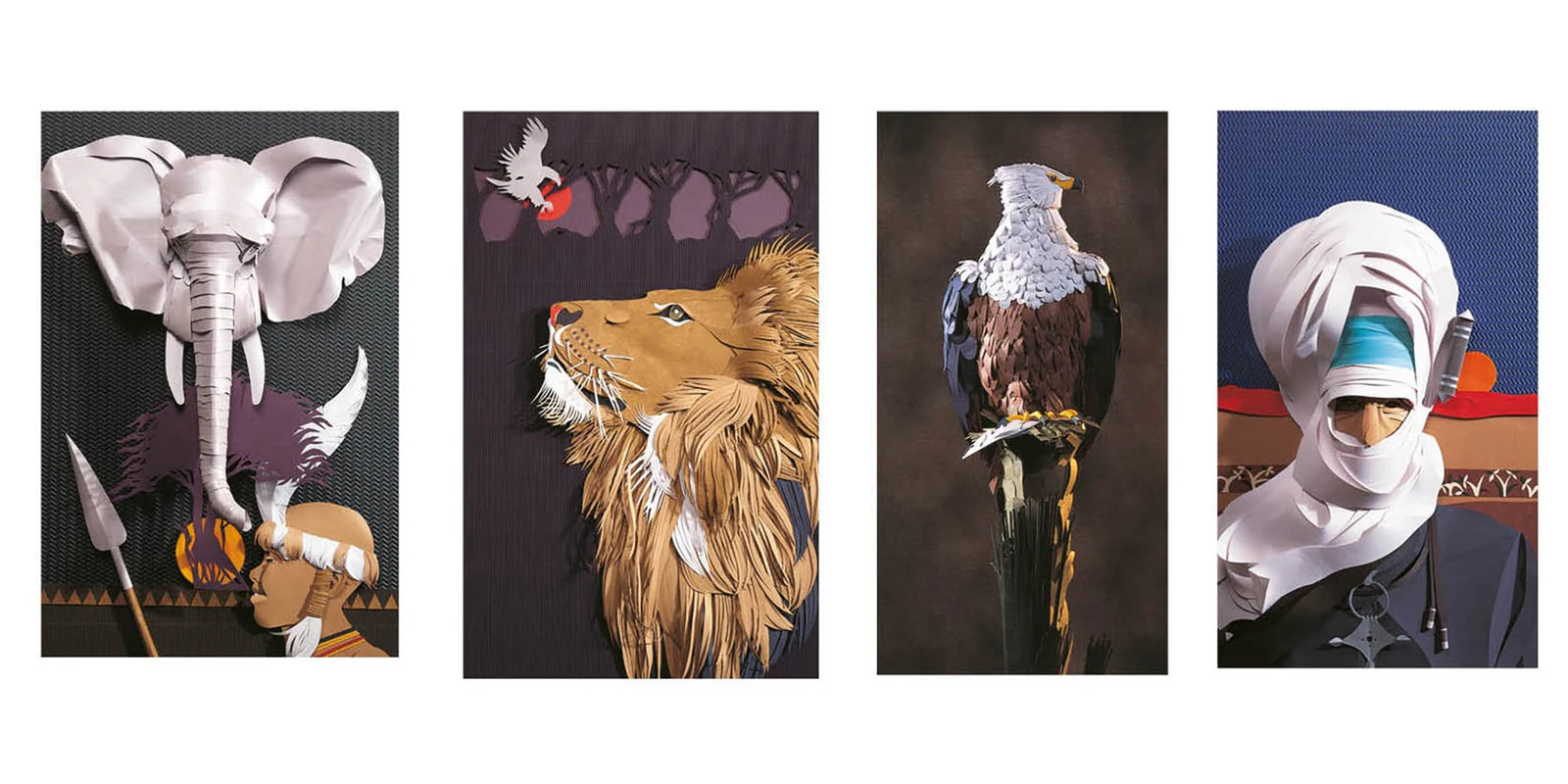 White paper sculptures of an elephant, a lion, an eagle and a figure