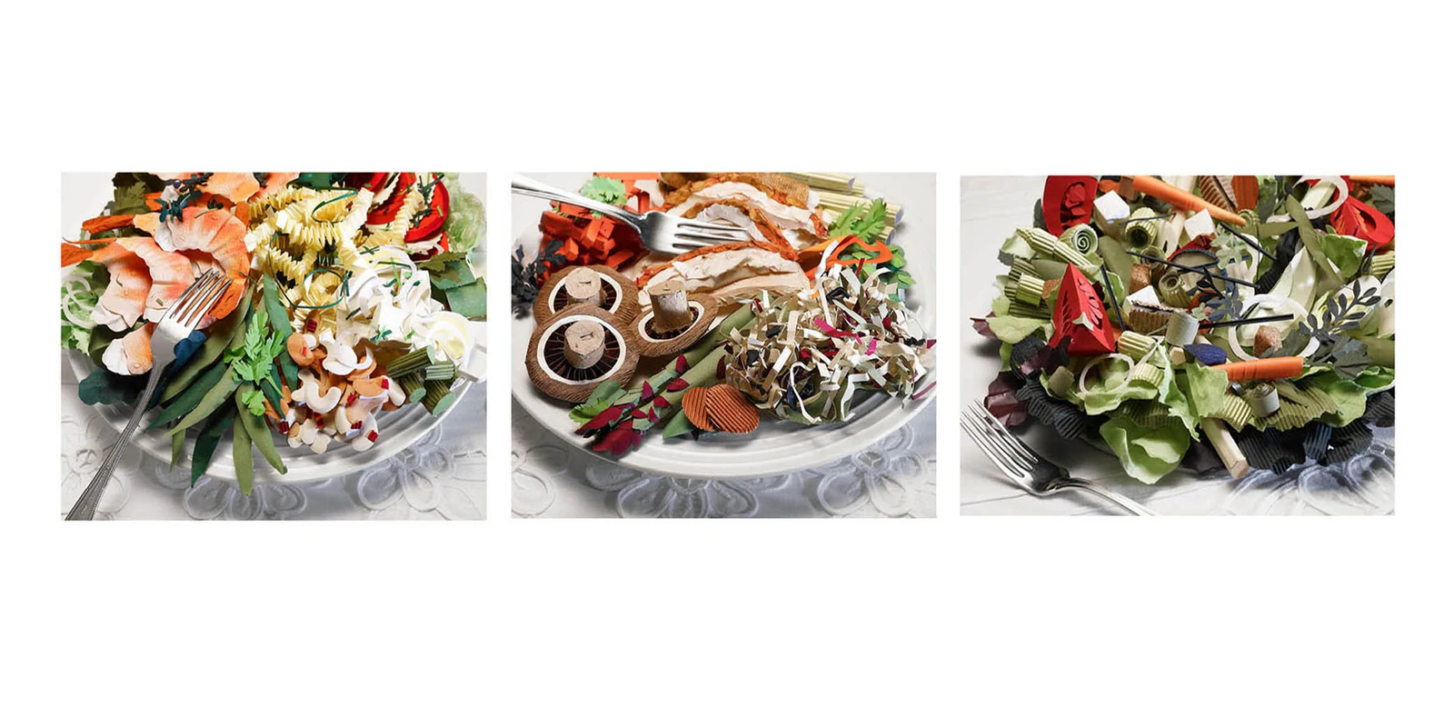 Plates of food made entirely from paper