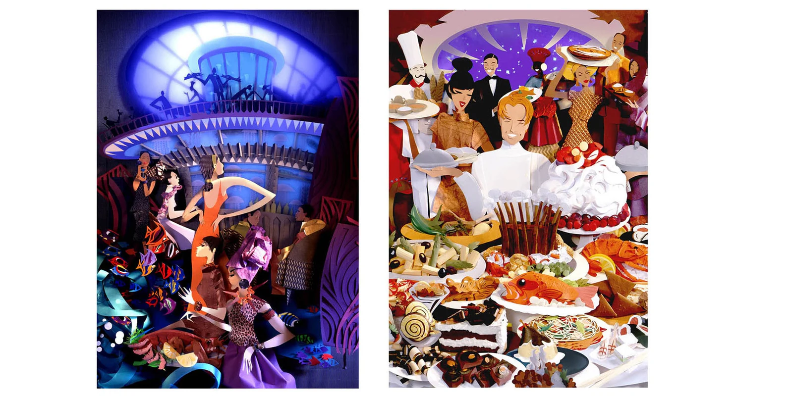 A colourful paper sculpture of a dinner party, in two scenes