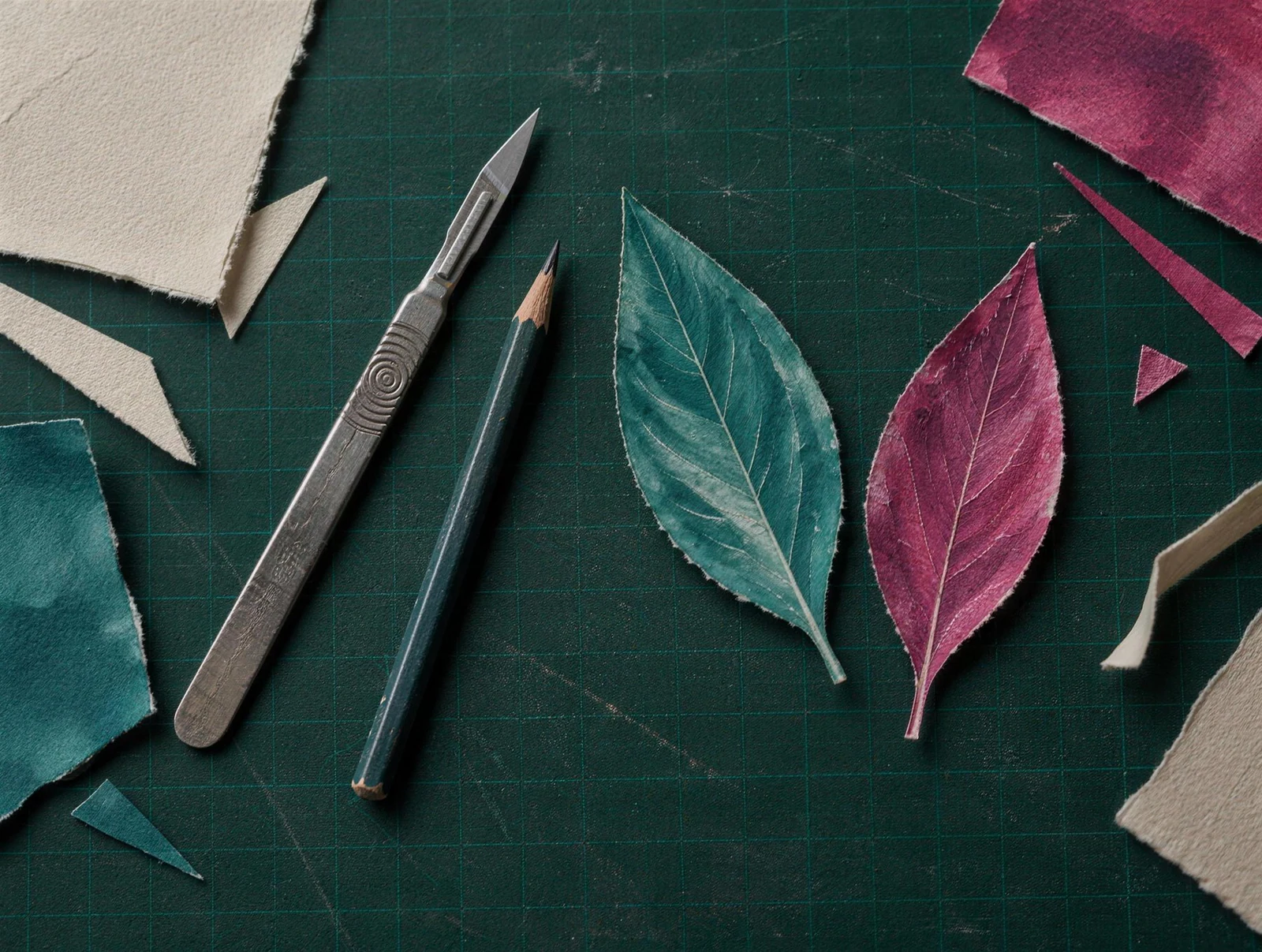 A cutting mat seen from above with a scalpel, a pencil, paper off-cuts and two painted paper leaves